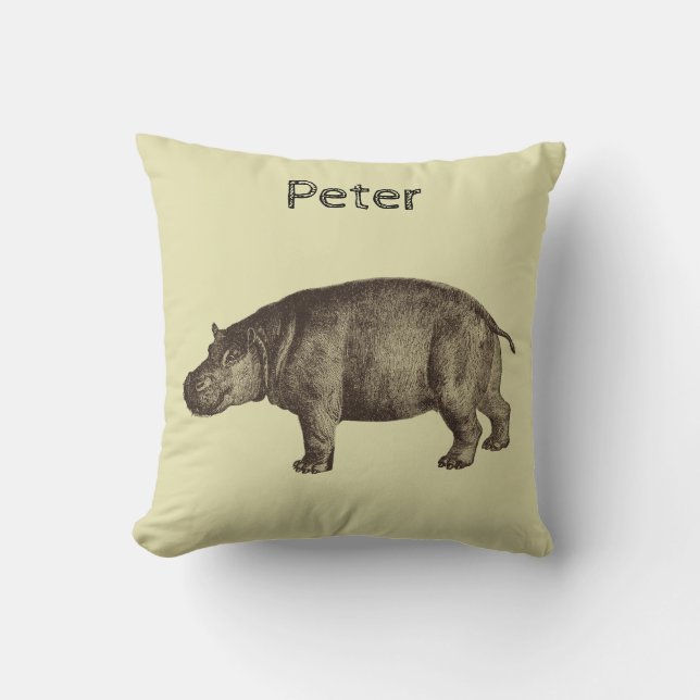 Personalized Hippopotamus  On Cream Throw Pillow (Front)