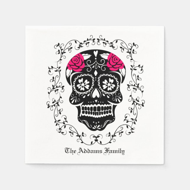 Personalized Hipster Black & Pink Sugar Skull Napkin (Front)