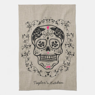 Personalized Hipster Sugar Skull Kitchen Towel
