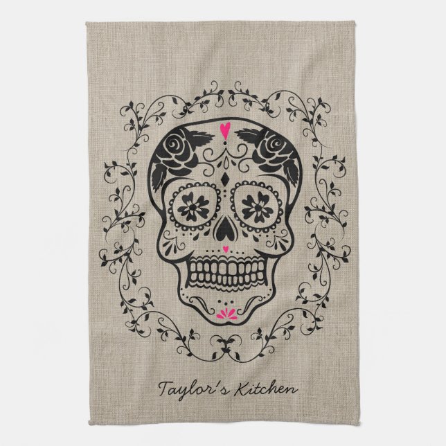 Personalized Hipster Sugar Skull Kitchen Towel (Vertical)