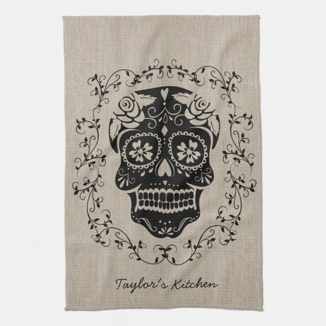 Personalized Hipster Sugar Skull Kitchen Towel (Vertical)