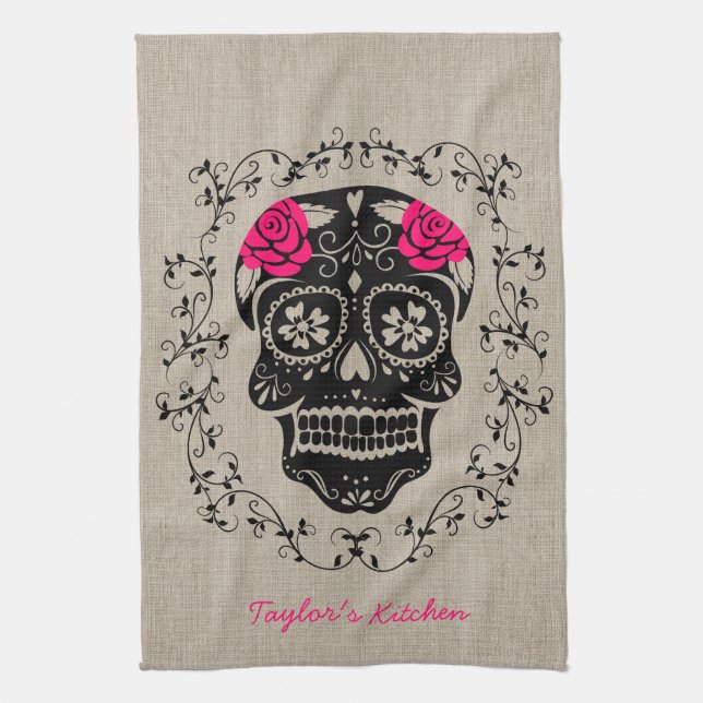 Personalized Hipster Sugar Skull Kitchen Towel (Vertical)
