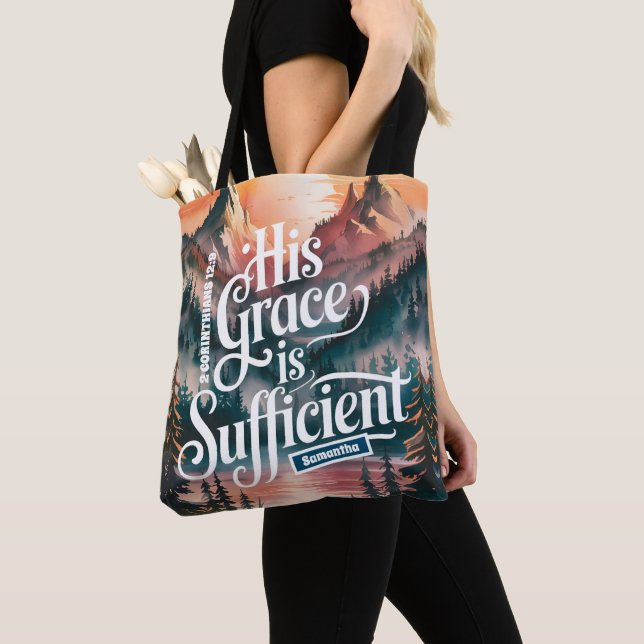 Personalized His Grace is Sufficient Christian Tote Bag (Close Up)