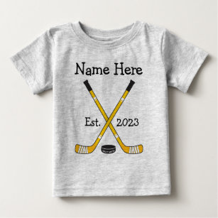 Personalized Hockey Baby Name Birth Year Born Gold Baby T-Shirt