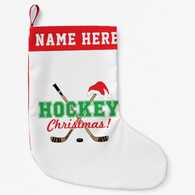 Personalized Hockey Christmas Sticks Santa Hat Small Christmas Stocking (Front)
