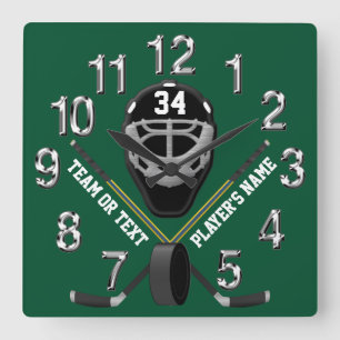 Personalized Hockey Clock, Your COLORS and TEXT Square Wall Clock