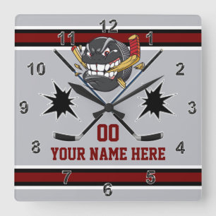 Personalized Hockey Clocks, Hockey Bedroom Decor Square Wall Clock