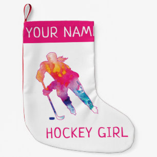 Personalized Hockey Girl Player Watercolor Pink Small Christmas Stocking