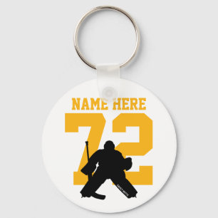 Personalized Hockey Goalie Name Number gold black Keychain