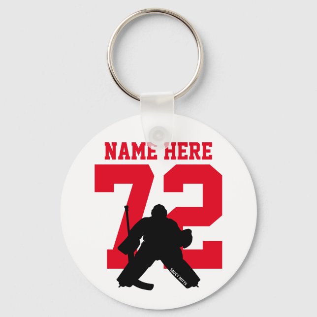 Personalized Hockey Goalie Name Number red Keychain (Front)