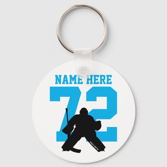Personalized Hockey Goalie Name Number turquoise Keychain (Front)