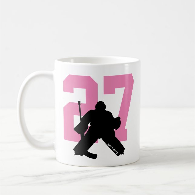 Personalized Hockey Goalie Player Number Pink Coffee Mug (Left)