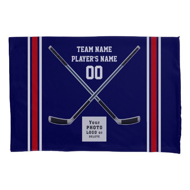 Personalized Hockey Pillow Cases, Navy Blue, White Pillowcase (Front)