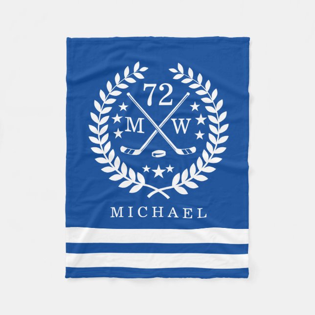 Personalized Hockey Player All Star Blue Fleece Blanket (Front)