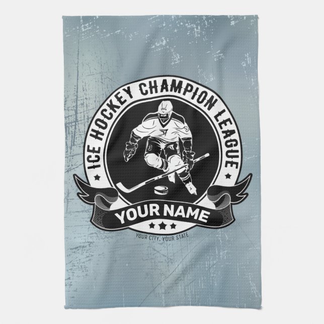 Personalized Hockey Player Ice Rink Team Athlete Kitchen Towel (Vertical)
