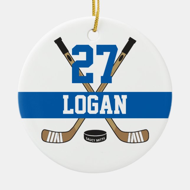 Personalized Hockey Player Name Number Blue Ceramic Ornament (Front)