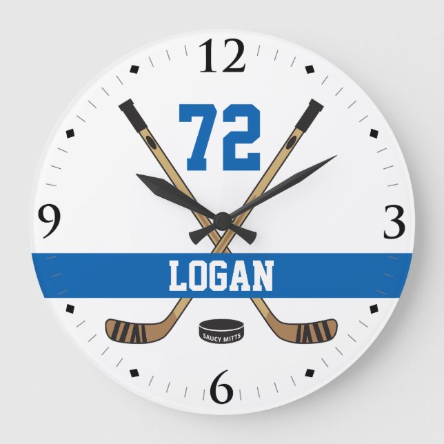 Personalized Hockey Player Name Number Blue Large Clock (Front)