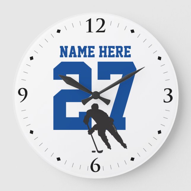 Personalized Hockey Player Name Number Blue Large Clock (Front)