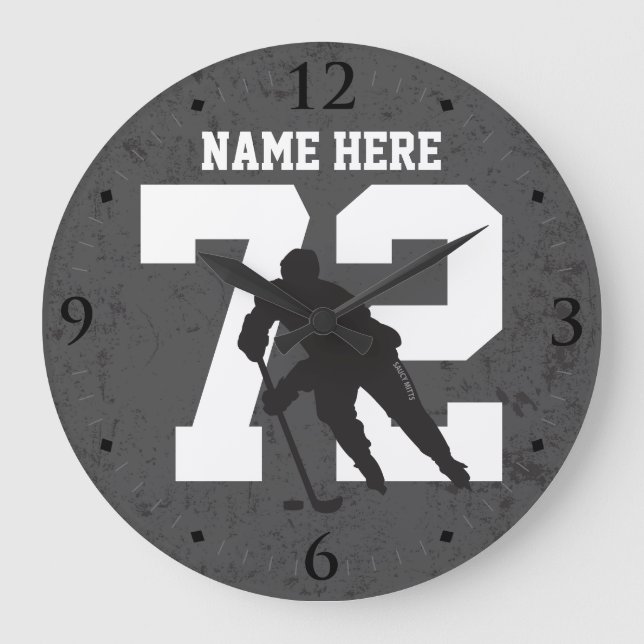 Personalized Hockey Player Name Number Dark Grey Large Clock (Front)