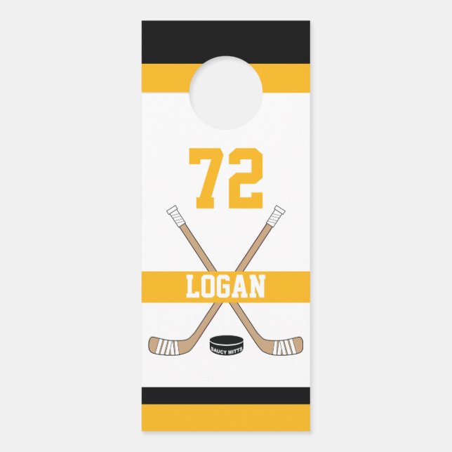 Personalized Hockey Player Name Number Gold Room Door Hanger (Front)