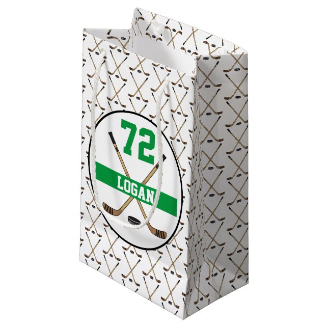 Personalized Hockey Player Name Number Gree Sticks Small Gift Bag (Front Angled)