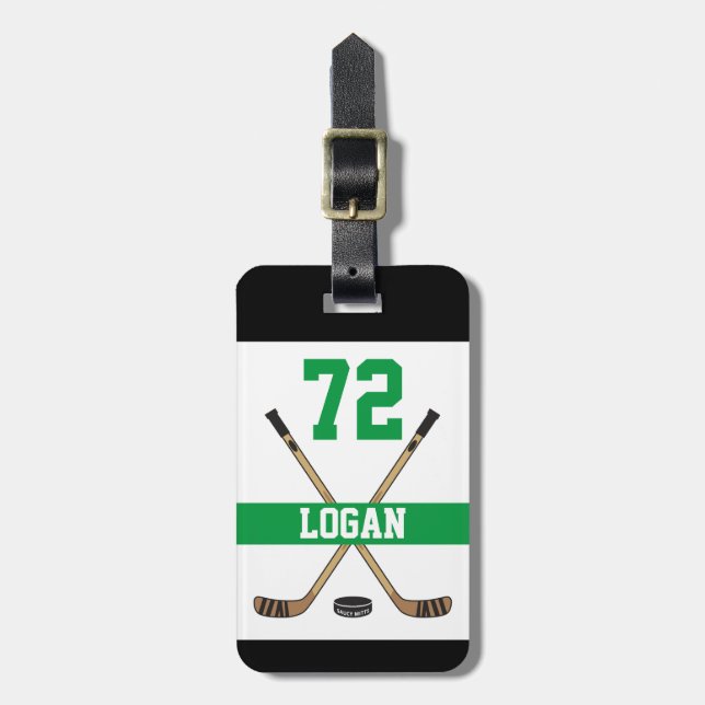 Personalized Hockey Player Name Number Green Luggage Tag (Front Vertical)