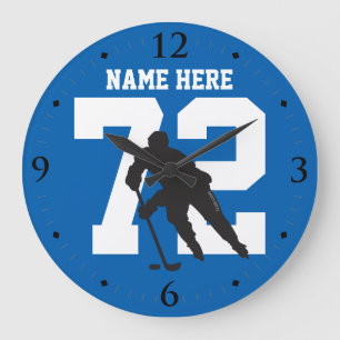 Personalized Hockey Player Name Number on Blue Large Clock