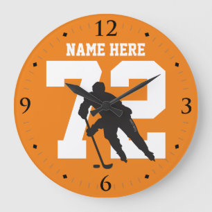 Personalized Hockey Player Name Number on Orange Large Clock