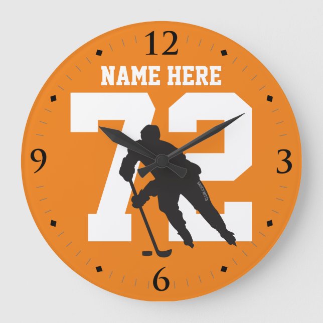 Personalized Hockey Player Name Number on Orange Large Clock (Front)