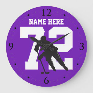Personalized Hockey Player Name Number on Purple Large Clock