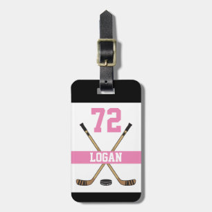 Personalized Hockey Player Name Number Pink Girls Luggage Tag