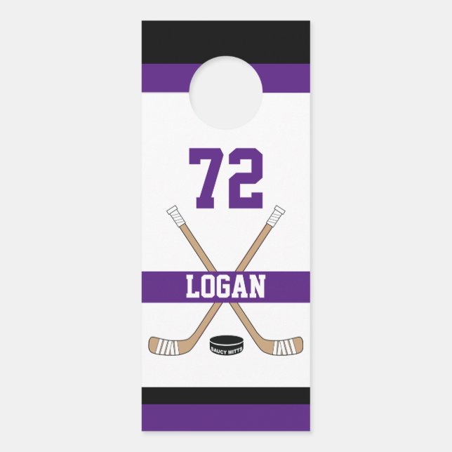 Personalized Hockey Player Name Number Purple Room Door Hanger (Front)