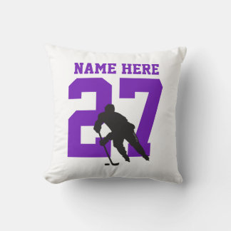 Personalized Hockey Player Name Number Purple Throw Pillow