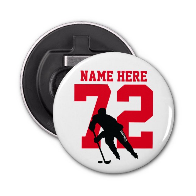 Personalized Hockey Player Name Number Red Bottle Opener (Front)