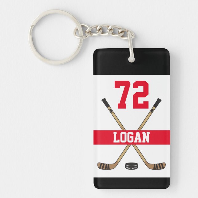 Personalized Hockey Player Name Number Red Keychain (Front)