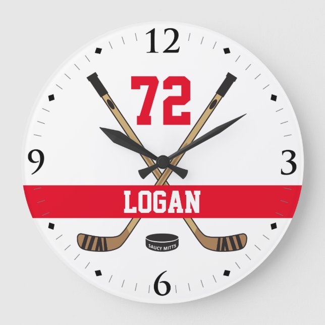 Personalized Hockey Player Name Number Red Large Clock (Front)