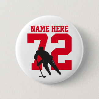 Personalized Hockey Player Name Number Red Pinback 2 Inch Round Button