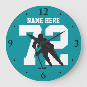 Personalized Hockey Player Name Number Shark Teal Large Clock