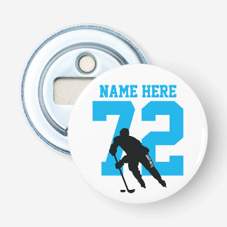 Personalized Hockey Player Name Number Turquoise Bottle Opener