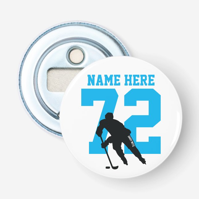 Personalized Hockey Player Name Number Turquoise Bottle Opener (Front)