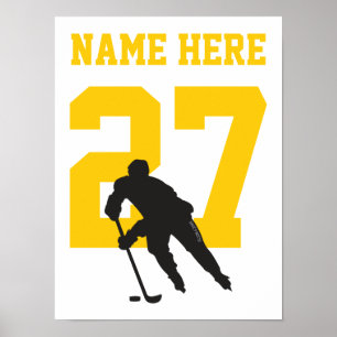 Personalized Hockey Player Number Black and Gold Poster