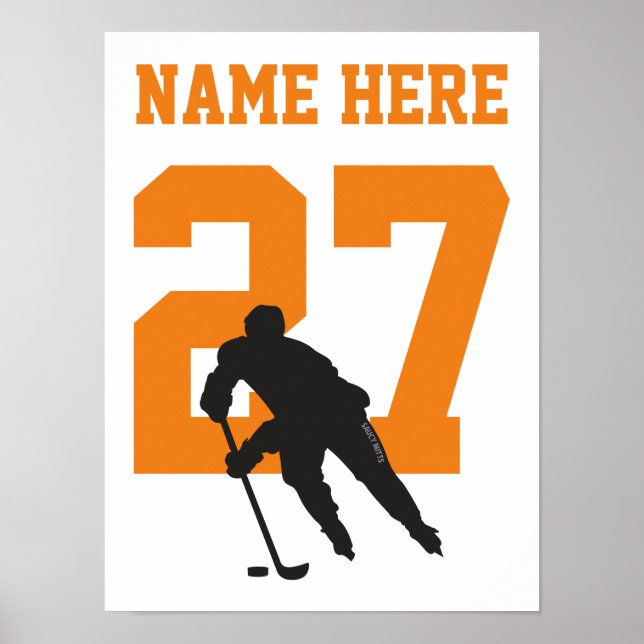 Personalized Hockey Player Number Orange Poster (Front)