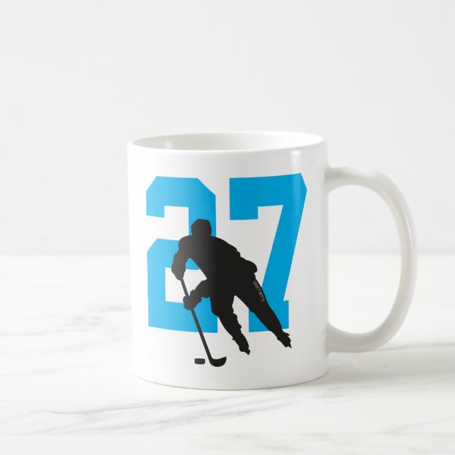 Personalized Hockey Player Number Turquoise Blue Coffee Mug (Right)