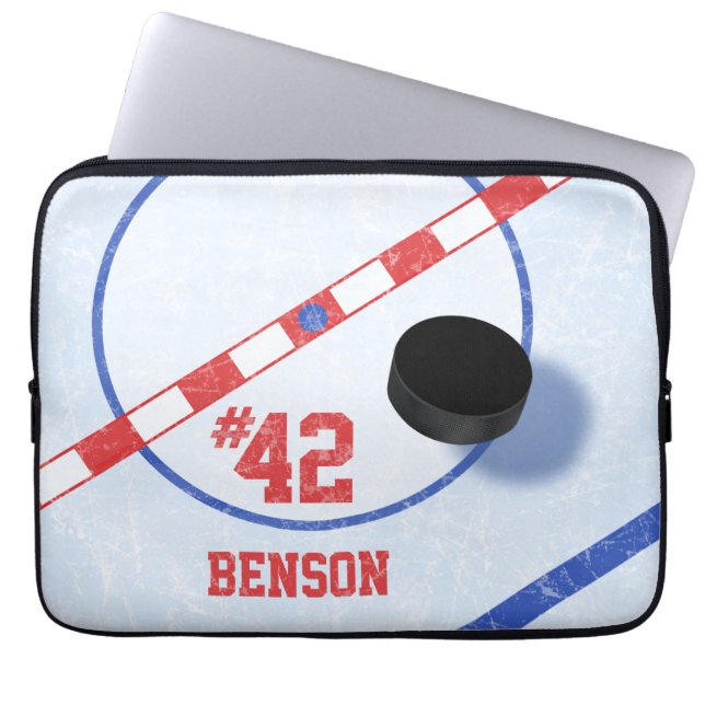 Personalized Hockey Players Centre Ice & Puck Laptop Sleeve (Front)