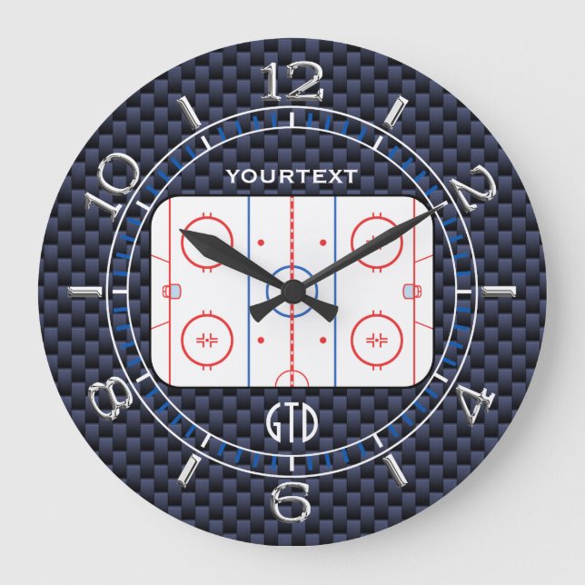 Personalized Hockey Rink Diagram Blue Carbon Style Large Clock (Front)