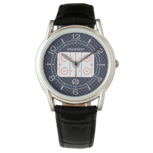 Personalized Hockey Rink Diagram Blue Carbon Style Watch