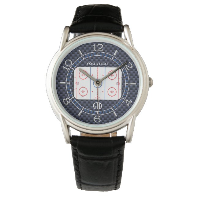 Personalized Hockey Rink Diagram Blue Carbon Style Watch (Front)