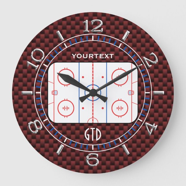 Personalized Hockey Rink Diagram Red Carbon Style Large Clock (Front)