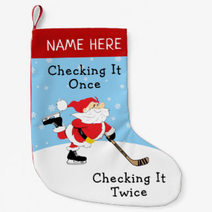 Personalized Hockey Santa Checking It Twice Small Christmas Stocking