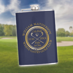 Personalized Hole in One Gold And Navy Blue Golf Hip Flask